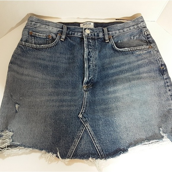 AGOLDE Quinn Denim Mini Skirt Sz 30 High Waist Distressed Raw Hem Jean Skirt - Picture 3 of 7